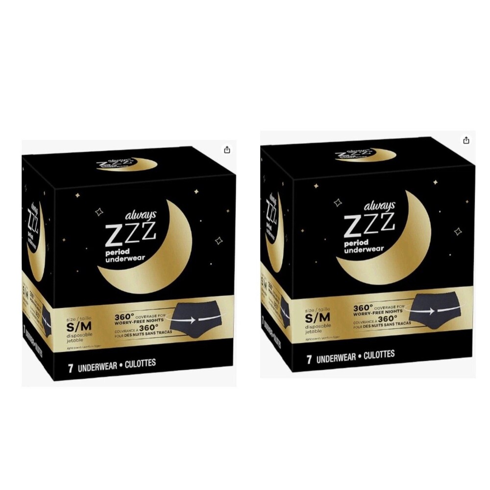 2-Pack 7 Ct  S/M Always Women's ZZZ Overnight Disposable Period Underwear
